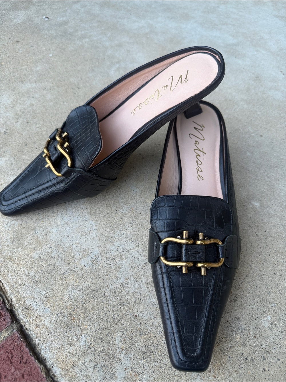 Matisse Black Croc-Embossed Slip-On Mules with Gold Hardware